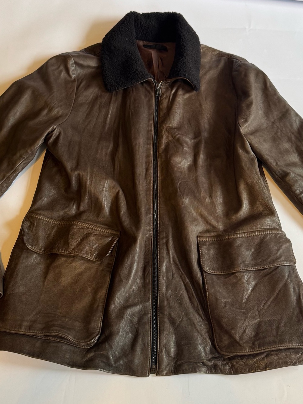 The Row Brown Leather Bomber Jacket with Shearling Collar Size L